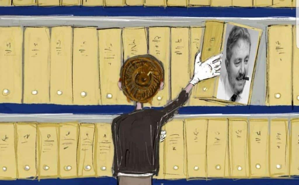 illustrazione che raffigura un'archivista mentre ripone in scaffare un faldone con la foto di Gianni Brera